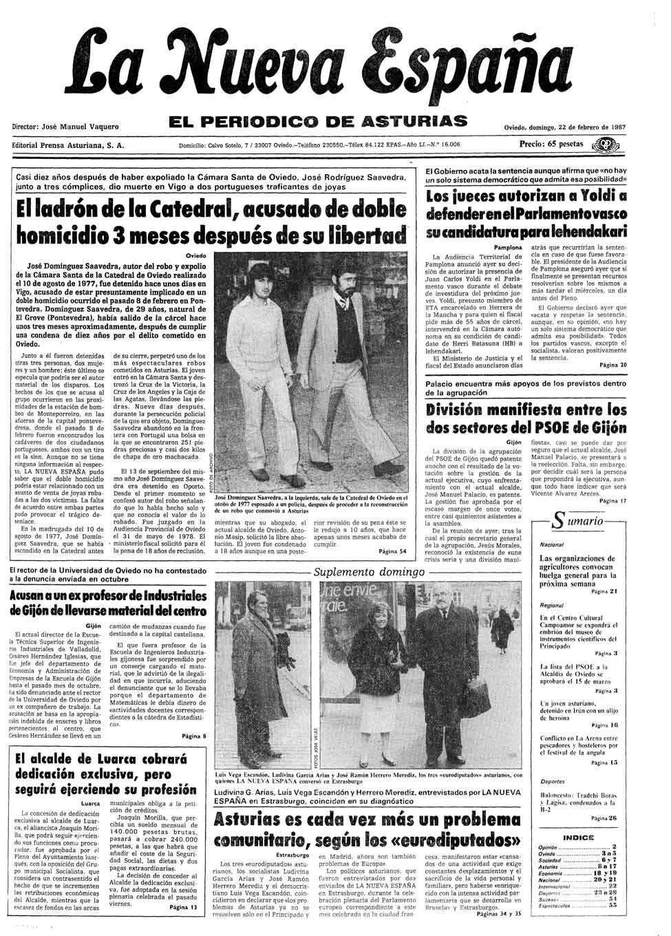 Portada del Domingo, 22 de Febrero de 1987
