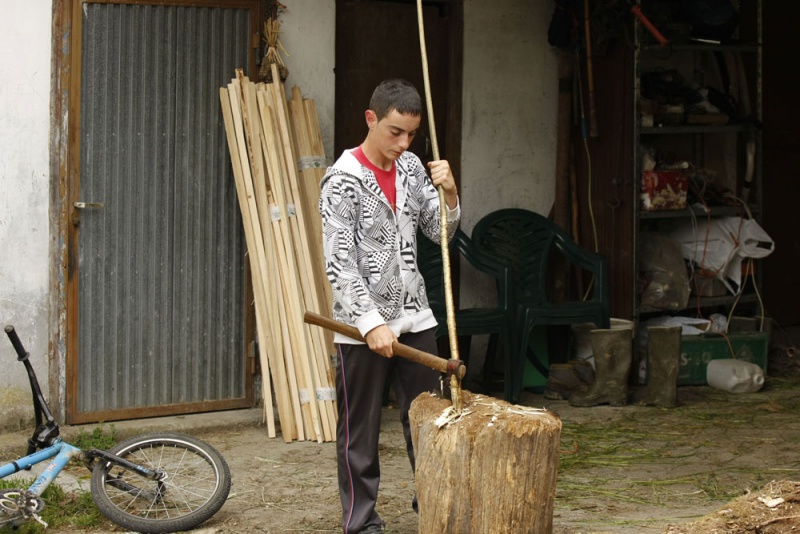 Iván Molina corta un palo para sostener las plantas de les fabes.