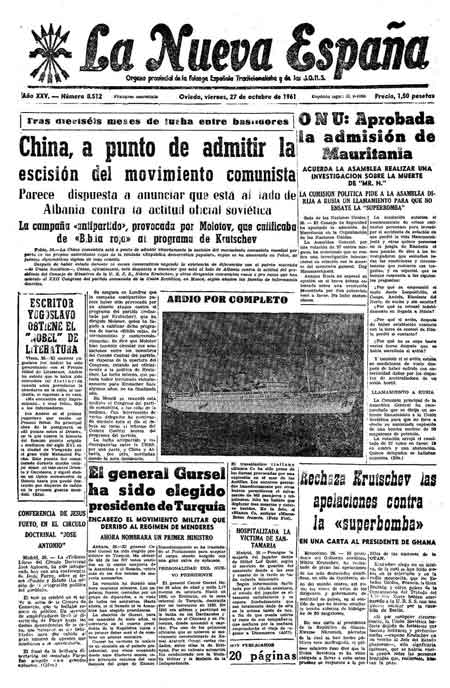 Portada Viernes 27 de Octubre de 1961
