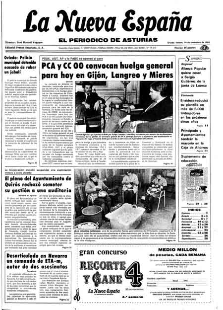 Portada Viernes 30 de Noviembre de 1984