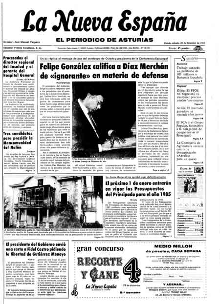 Portada Sábado 29 de Diciembre de 1984