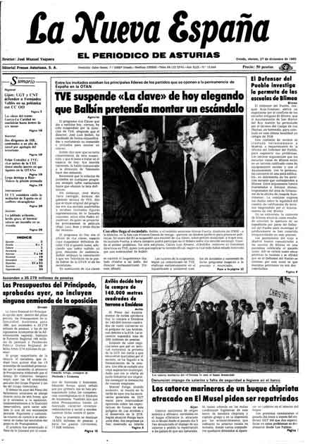 Portada Viernes 27 de Diciembre de 1985