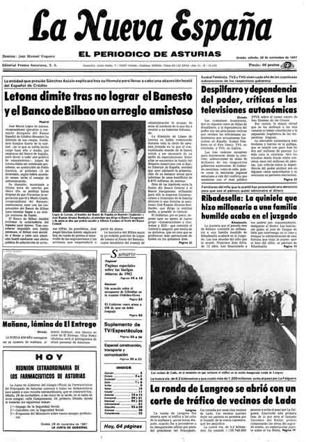 Portada Sábado 28 de Noviembre de 1987