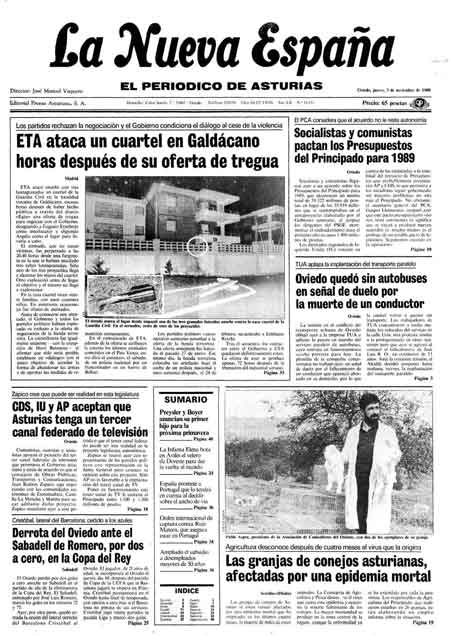Portada Jueves 3 de Noviembre de 1988