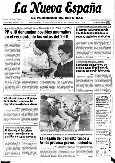 Portada Miércoles 1 de Noviembre de 1989