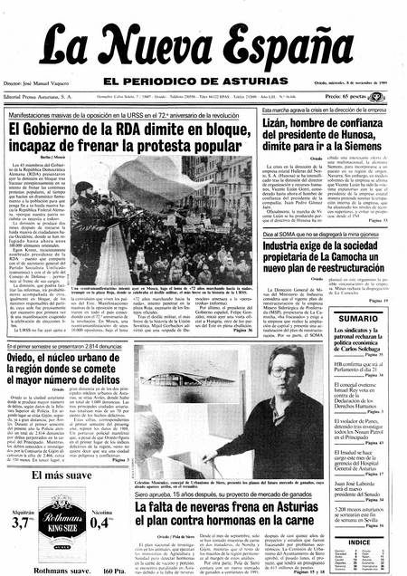 Portada Miércoles 8 de Noviembre de 1989