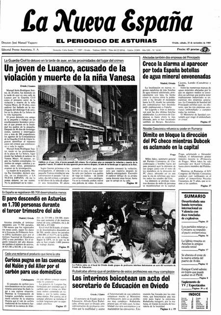 Portada Sábado 25 de Noviembre de 1989
