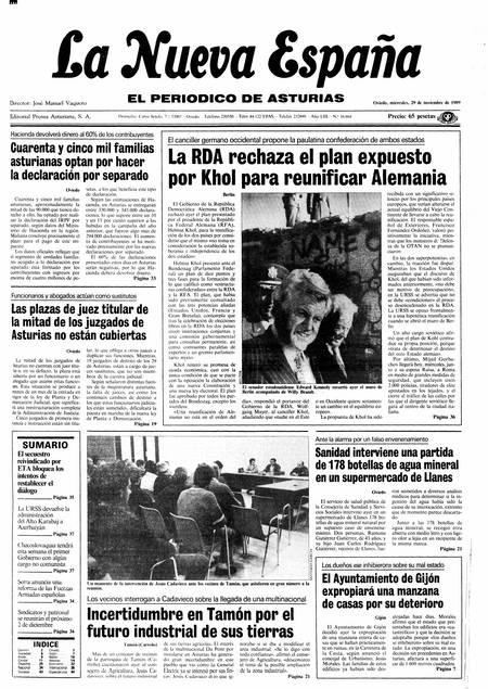 Portada Miércoles 29 de Noviembre de 1989
