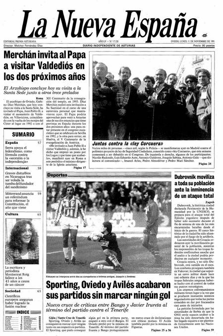 Portada Lunes 11 de Noviembre de 1991