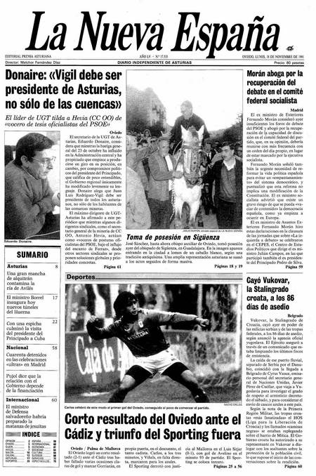 Portada Lunes 18 de Noviembre de 1991