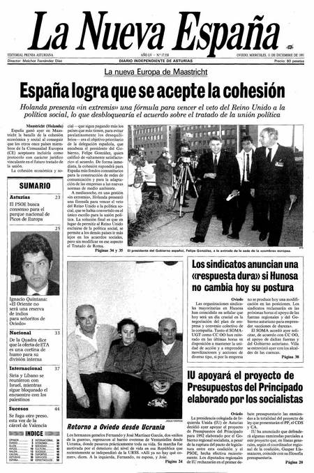 Portada Miércoles 11 de Diciembre de 1991