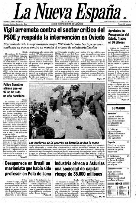 Portada Martes 29 de Diciembre de 1992