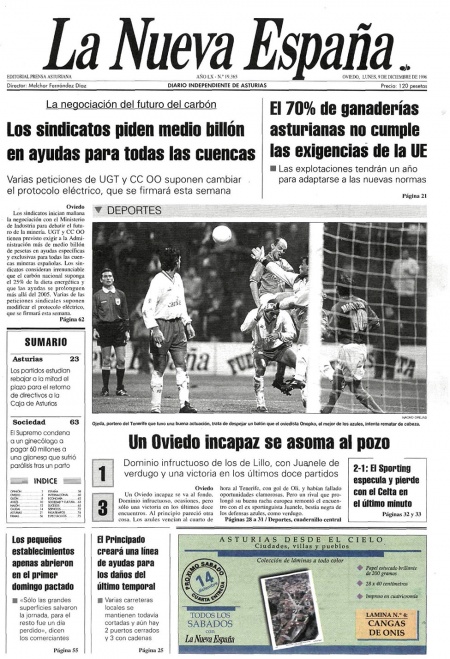 Portada Lunes 9 de Diciembre de 1996