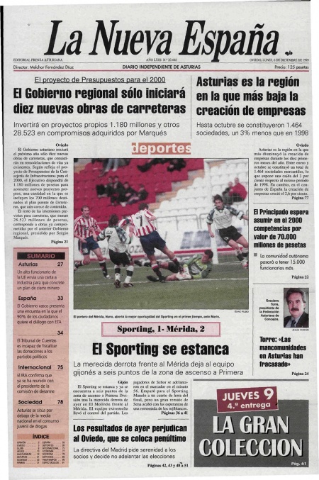 Portada Lunes 6 de Diciembre de 1999