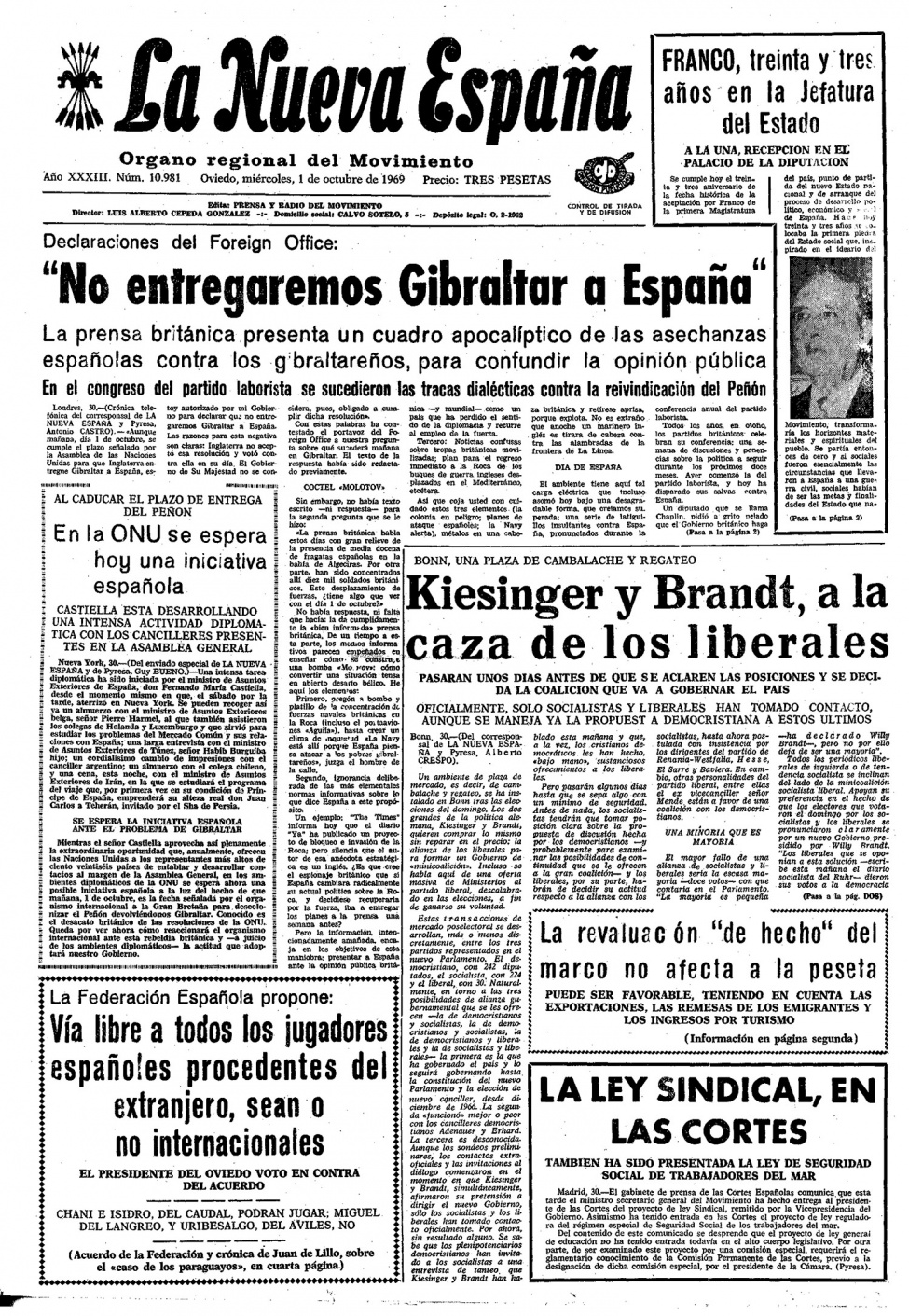 Portada del Miércoles, 1 de Octubre de 1969