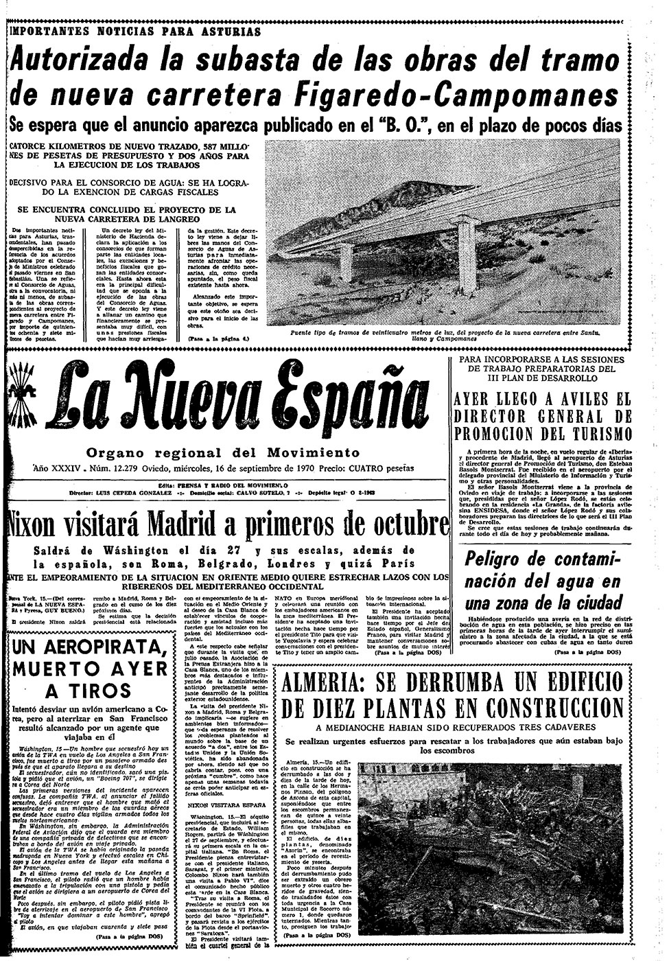 Portada del Miércoles, 16 de Septiembre de 1970 - Portadas de La Nueva  España 