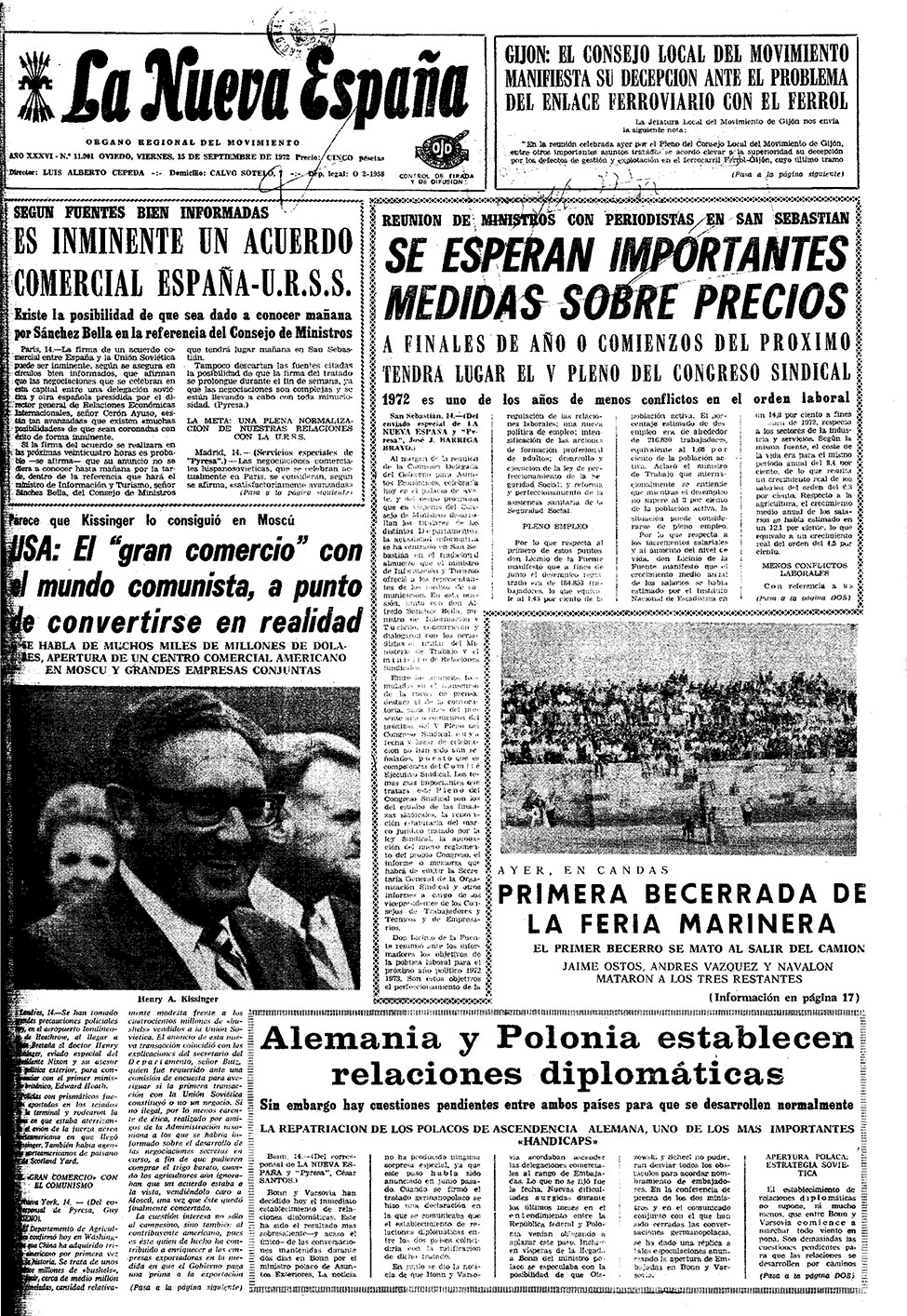 Portada del Viernes, 15 de Septiembre de 1972 - Portadas de La Nueva España  