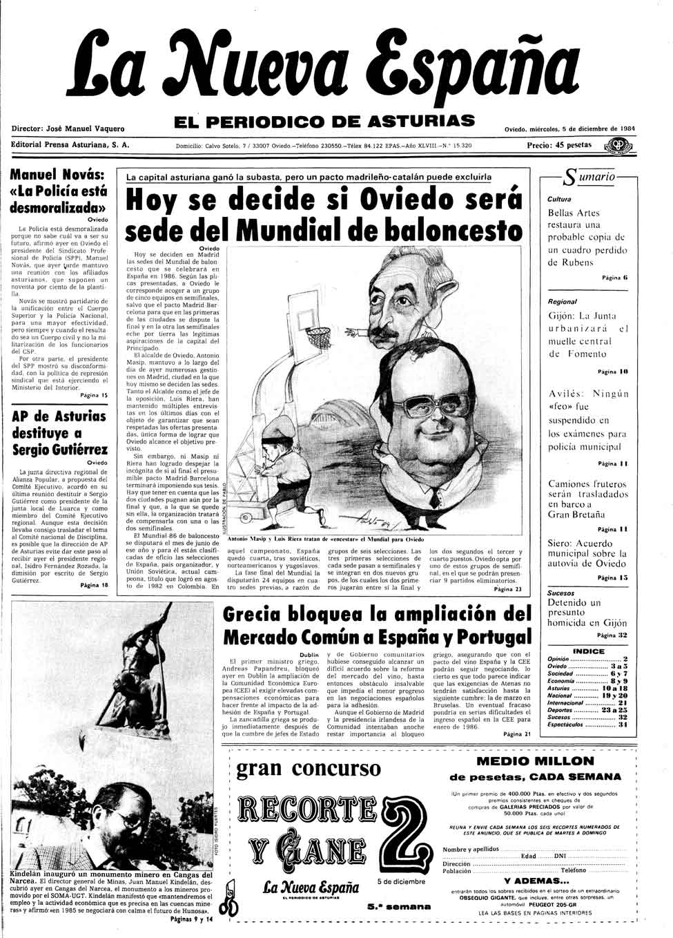 Portada del Miércoles, 5 de Diciembre de 1984