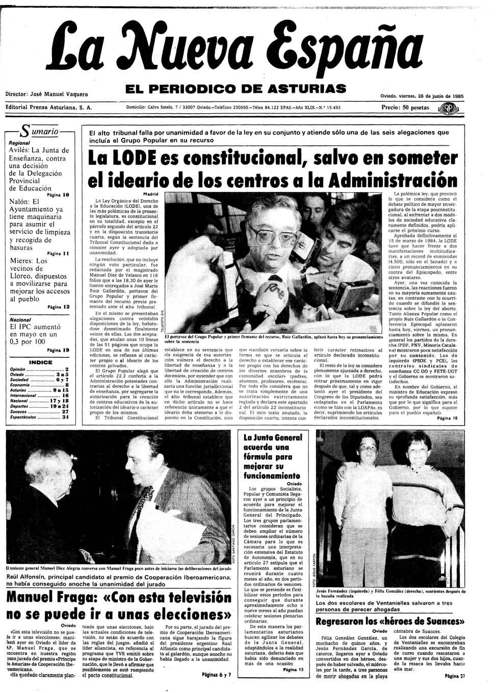 Portada del Viernes, 28 de Junio de 1985