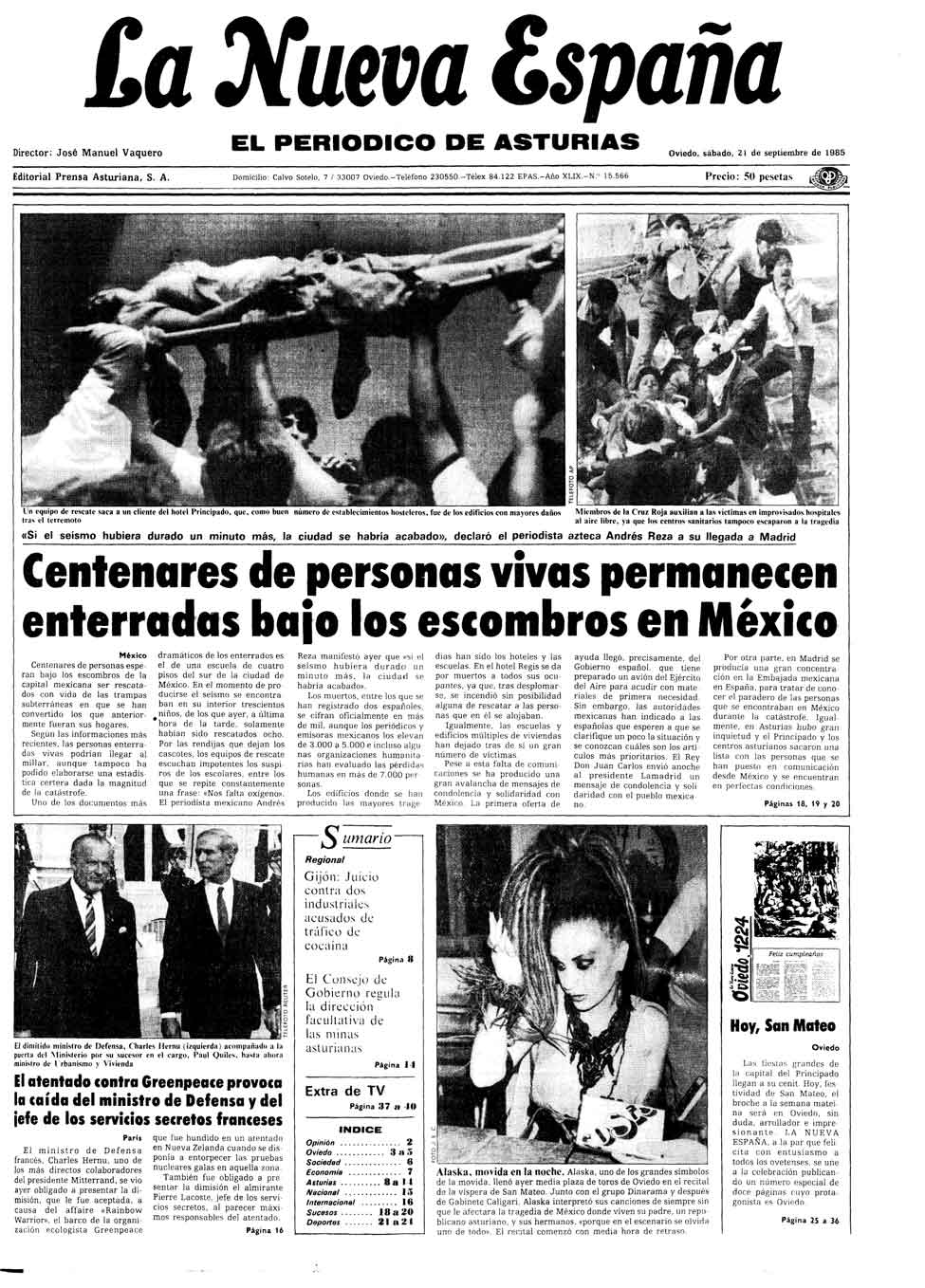 Portada del Sábado, 21 de Septiembre de 1985