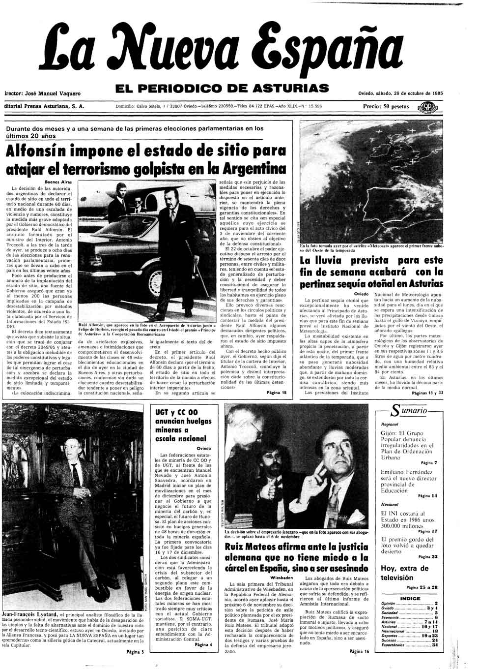 Portada del Sábado, 26 de Octubre de 1985
