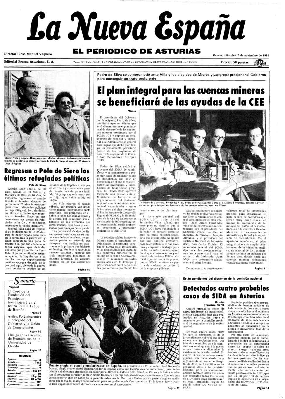Portada del Miércoles, 6 de Noviembre de 1985