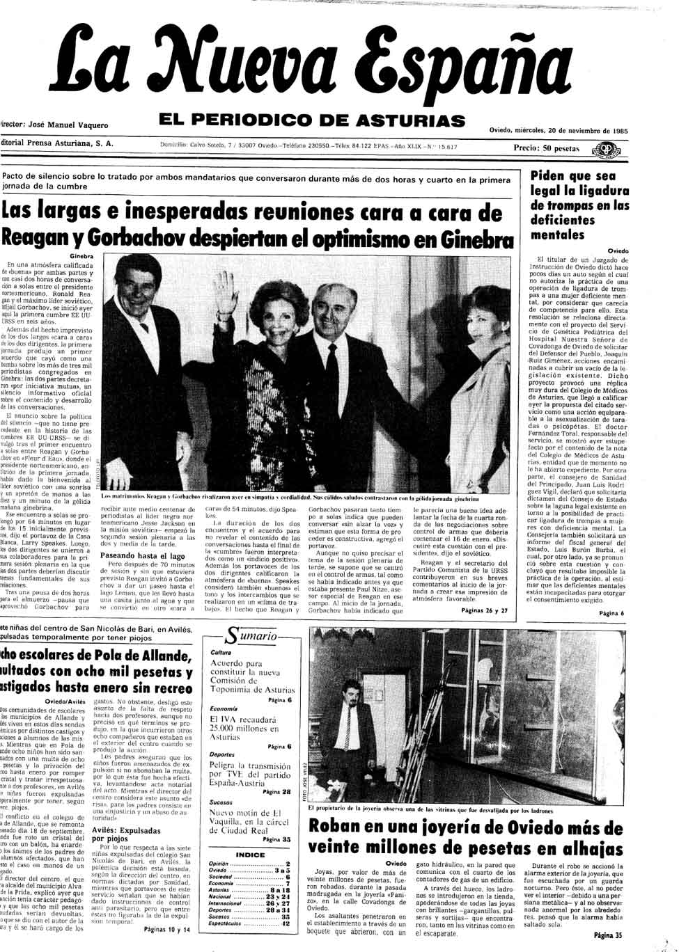 Portada del Miércoles, 20 de Noviembre de 1985