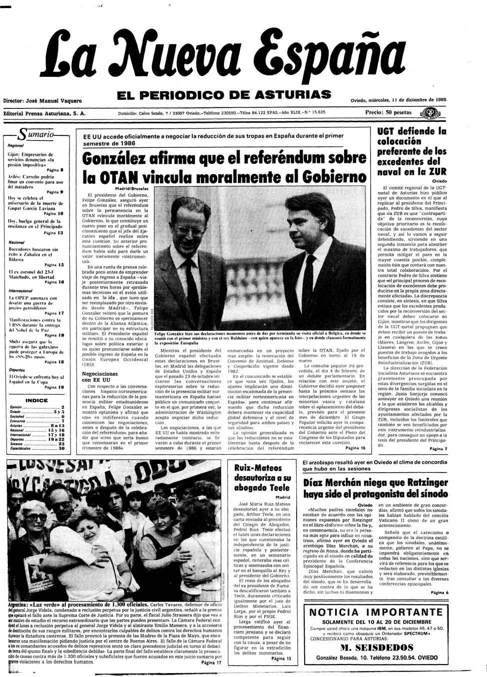 Portada del Miércoles, 11 de Diciembre de 1985