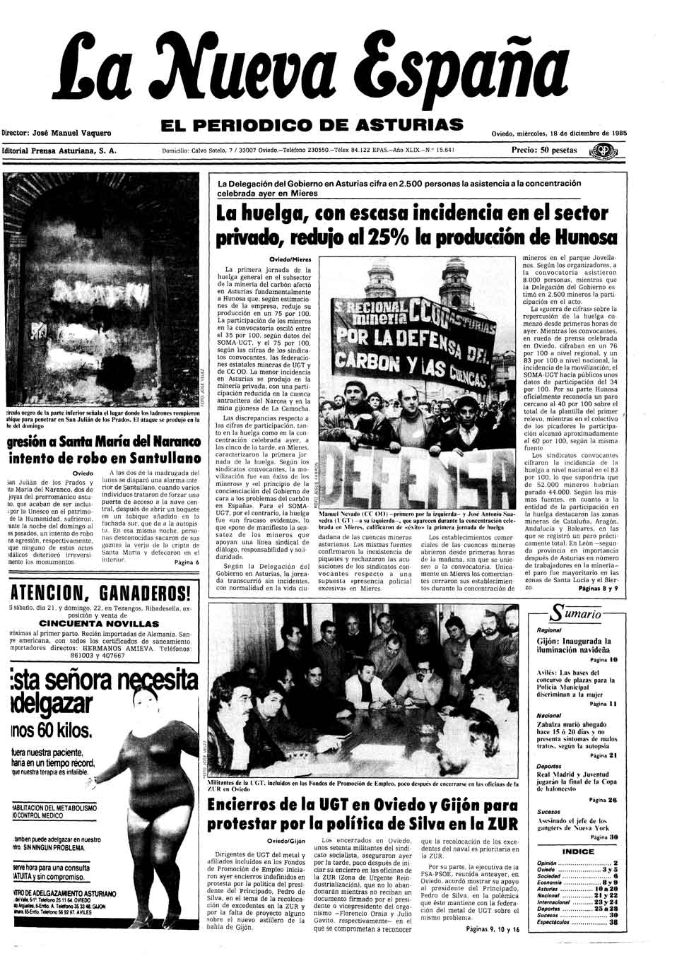Portada del Miércoles, 18 de Diciembre de 1985
