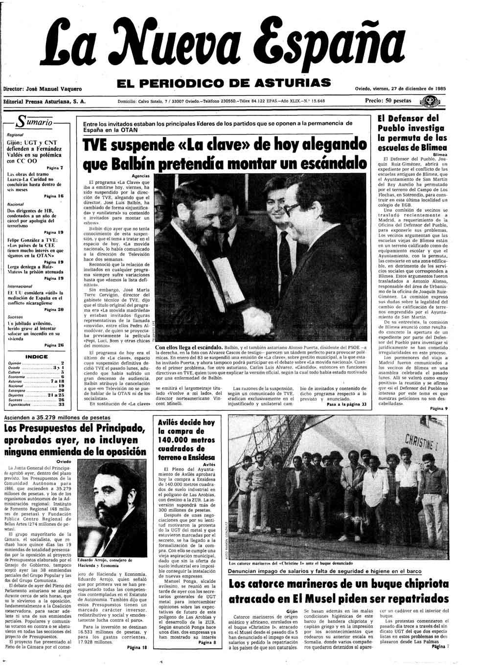 Portada del Viernes, 27 de Diciembre de 1985