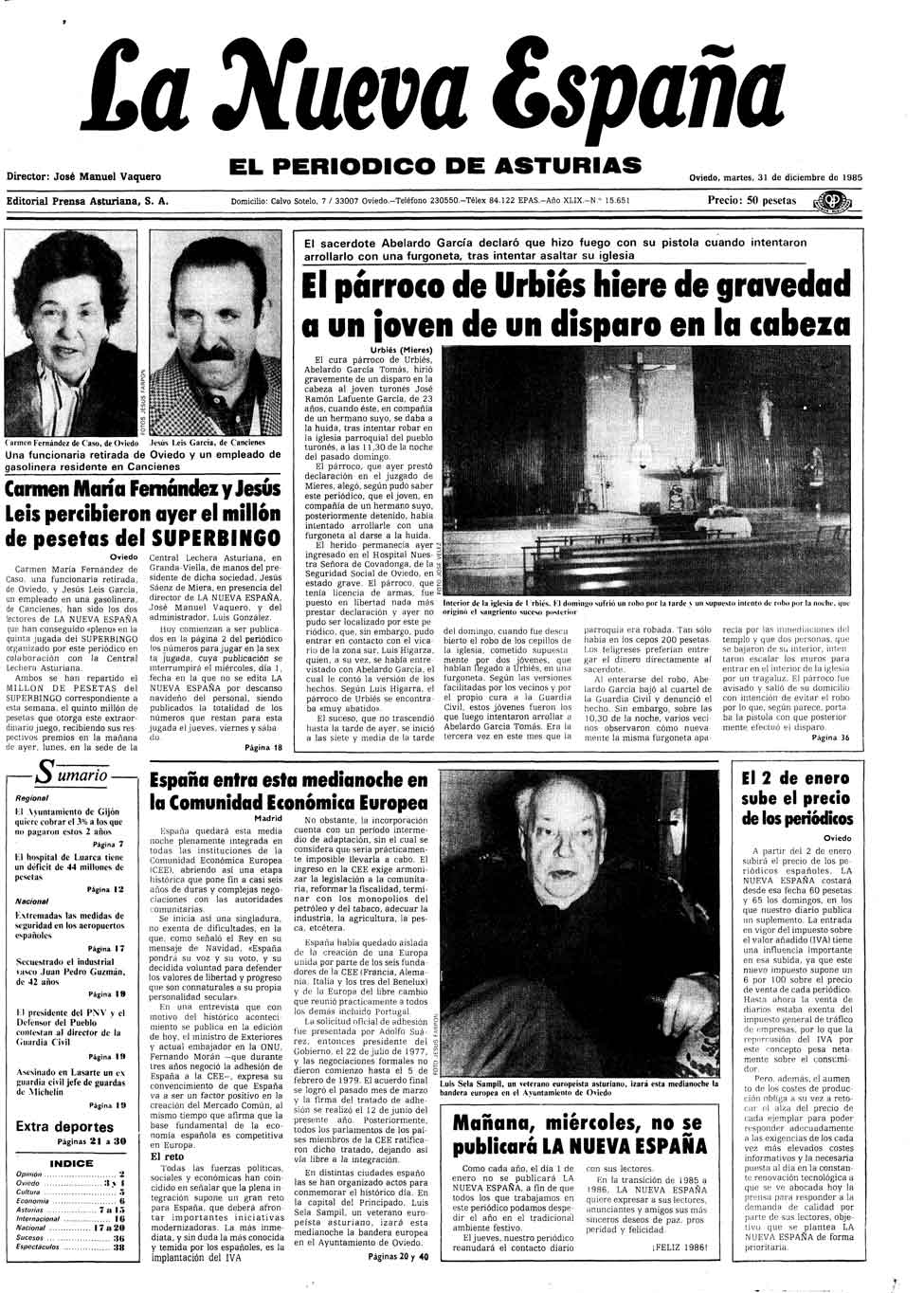 Portada del Martes, 31 de Diciembre de 1985