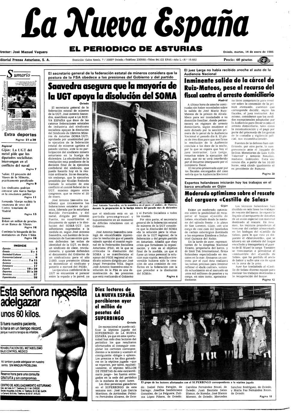 Portada del Martes, 14 de Enero de 1986