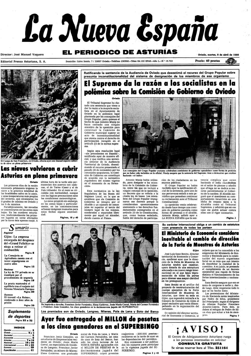 Portada del Martes, 8 de Abril de 1986