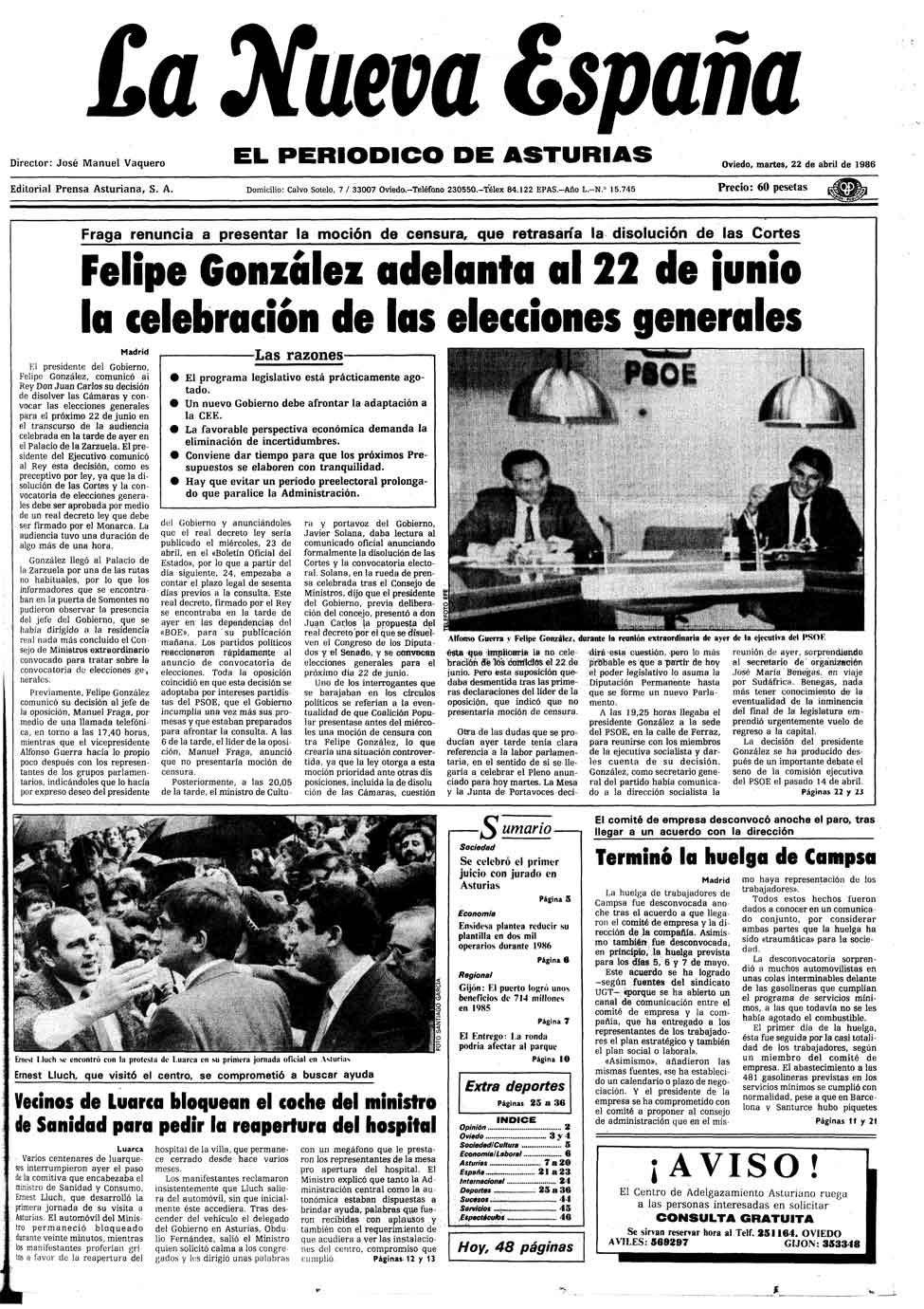 Portada del Martes, 22 de Abril de 1986