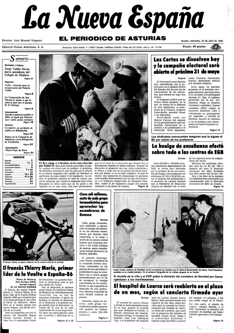 Portada del Miércoles, 23 de Abril de 1986