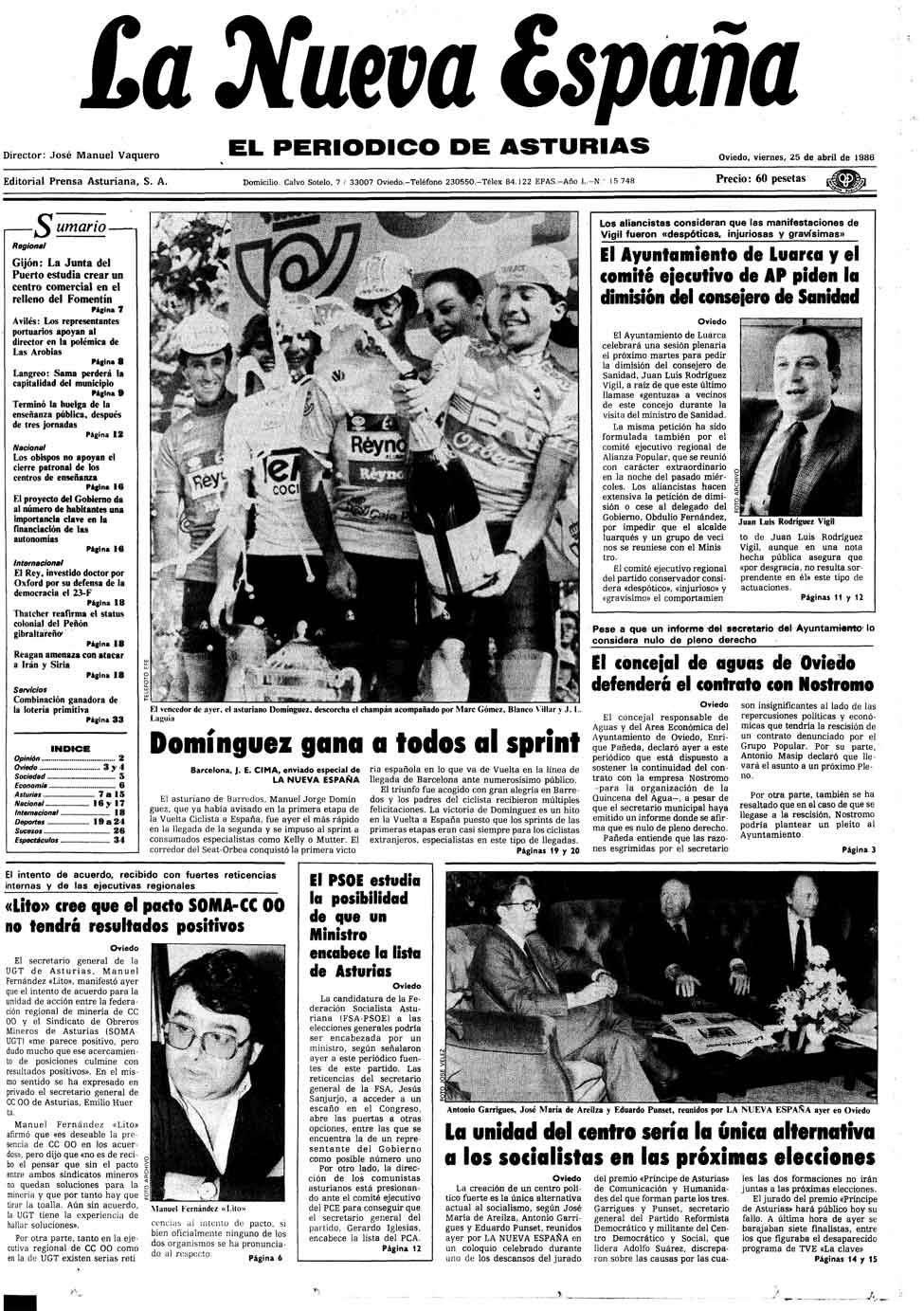 Portada del Viernes, 25 de Abril de 1986