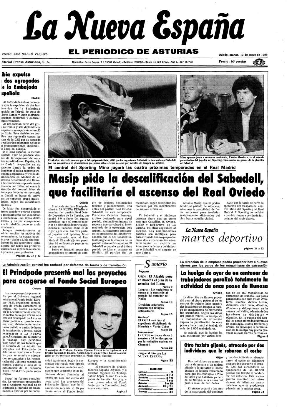 Portada del Martes, 13 de Mayo de 1986