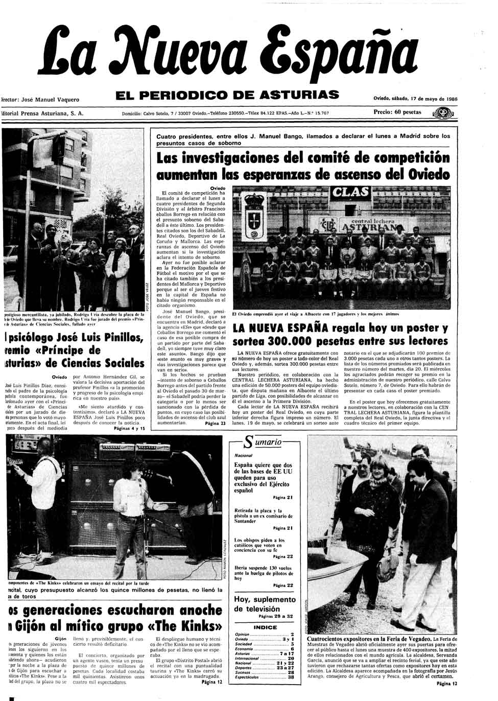 Portada del Sábado, 17 de Mayo de 1986