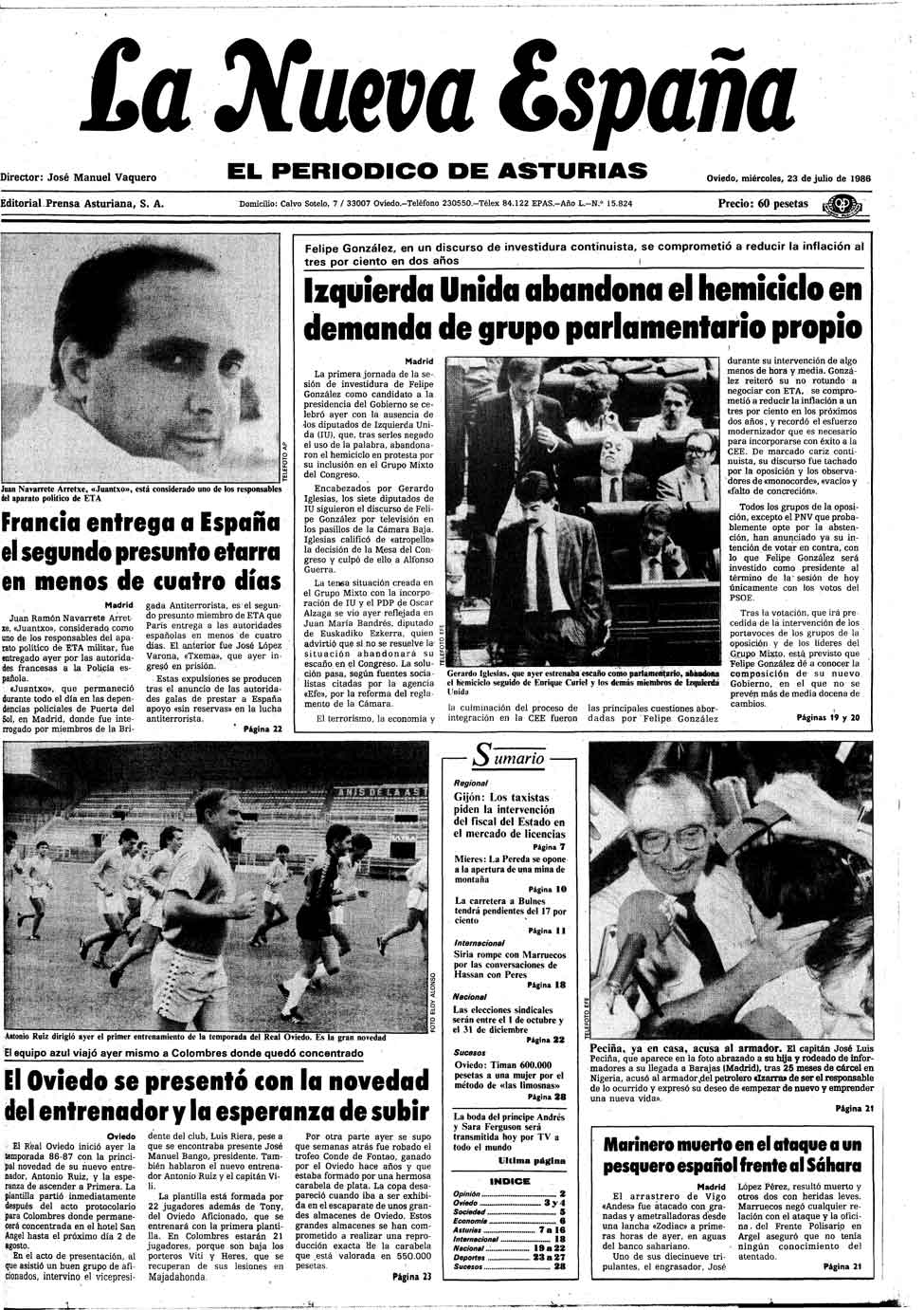 Portada del Miércoles, 23 de Julio de 1986