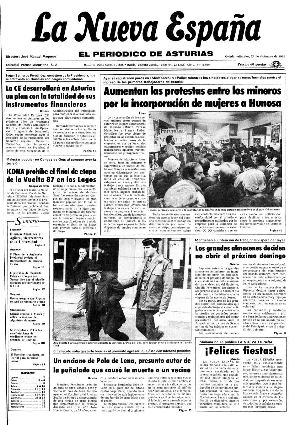 Portada del Miércoles, 24 de Diciembre de 1986