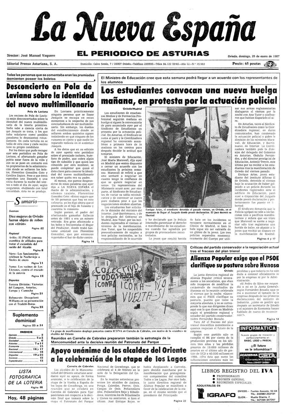 Portada del Domingo, 25 de Enero de 1987