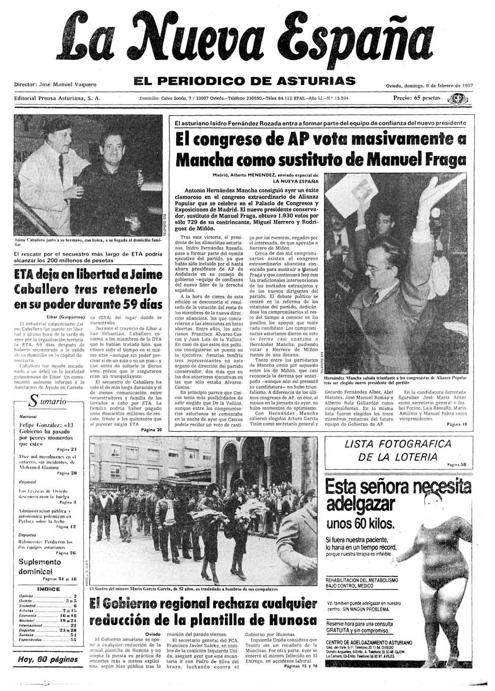 Portada del Domingo, 8 de Febrero de 1987