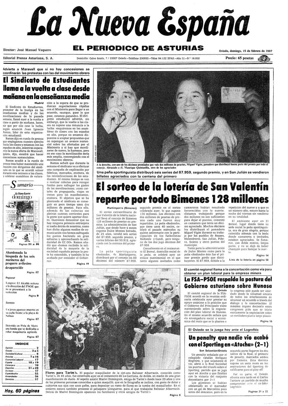 Portada del Domingo, 15 de Febrero de 1987