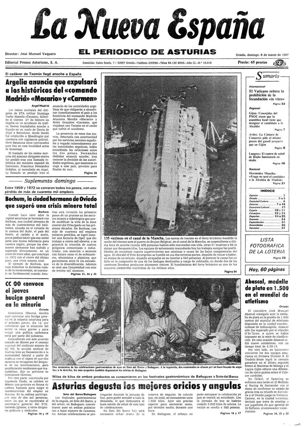 Portada del Domingo, 8 de Marzo de 1987