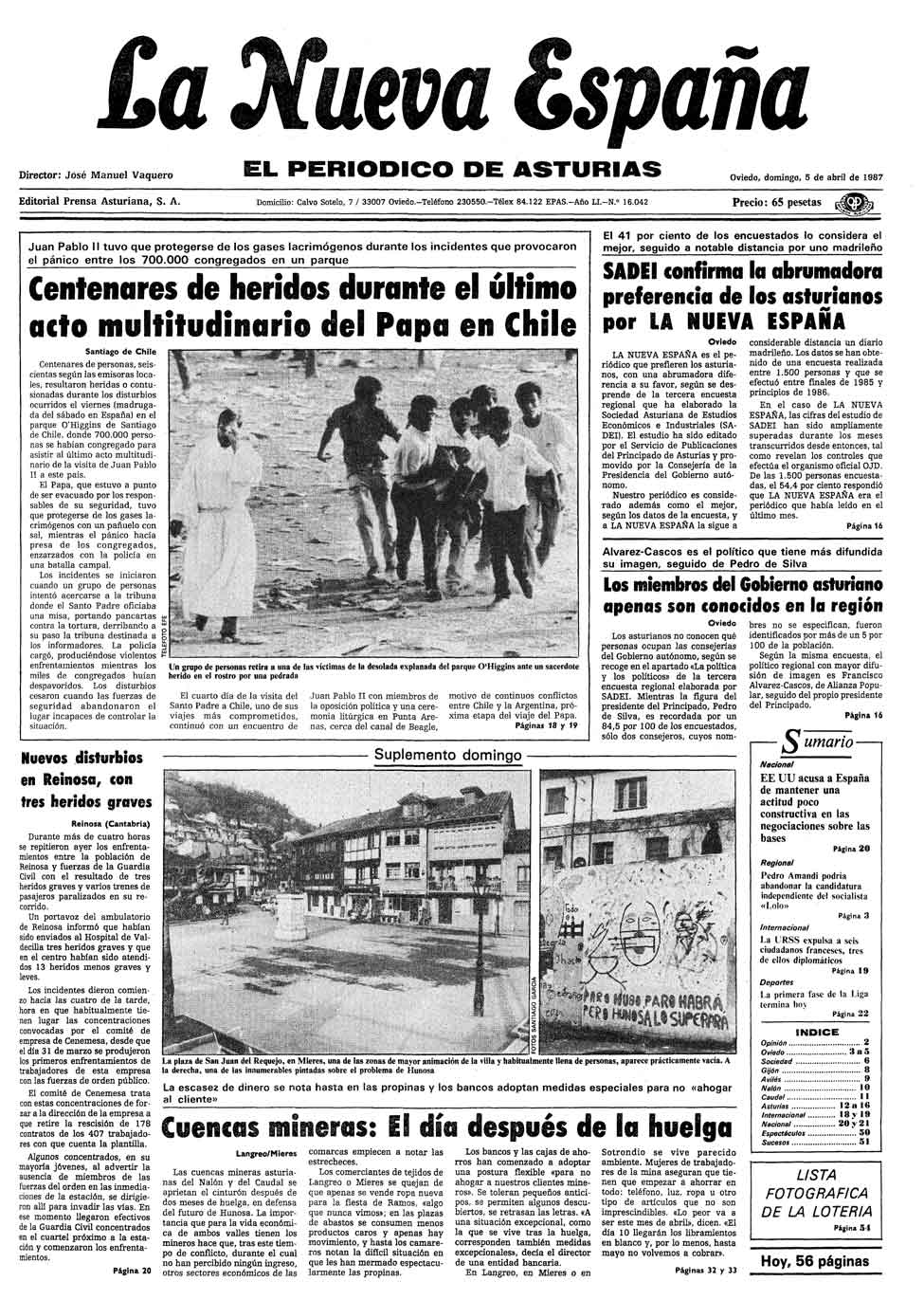 Portada del Domingo, 5 de Abril de 1987