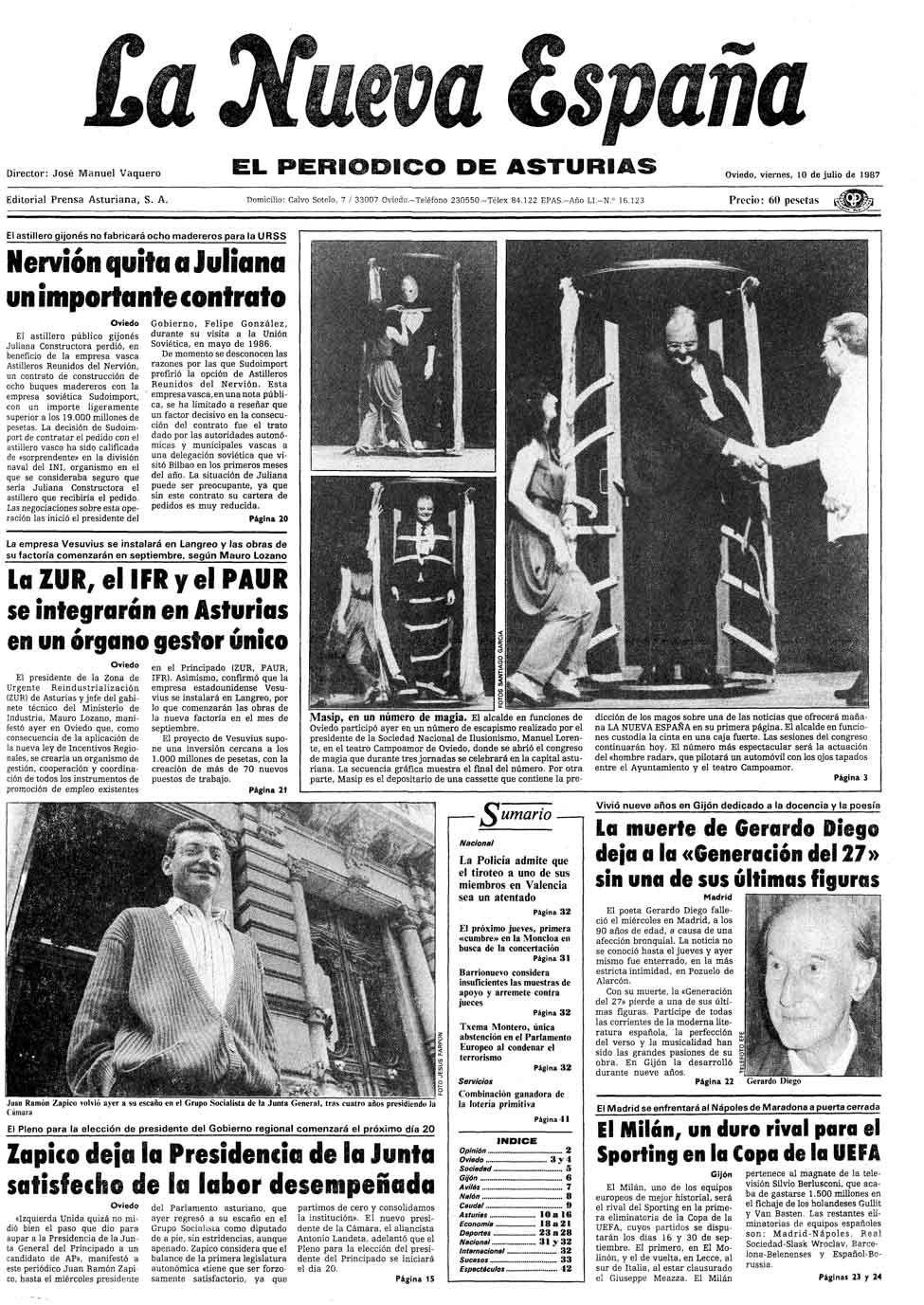 Portada del Viernes, 10 de Julio de 1987