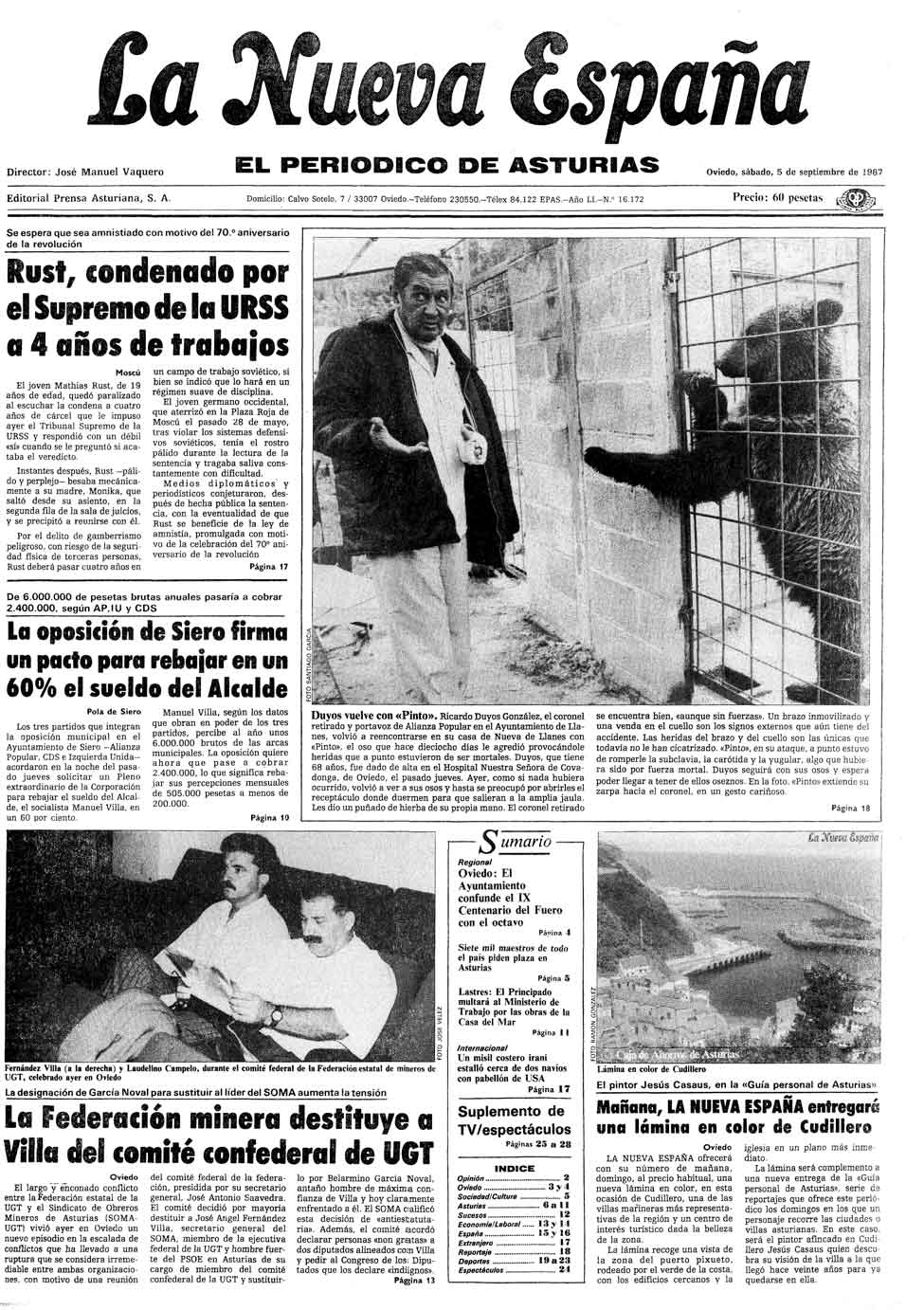 Portada del Sábado, 5 de Septiembre de 1987