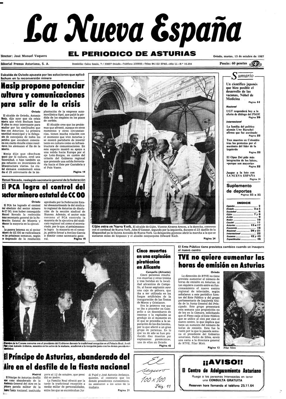 Portada del Martes, 13 de Octubre de 1987