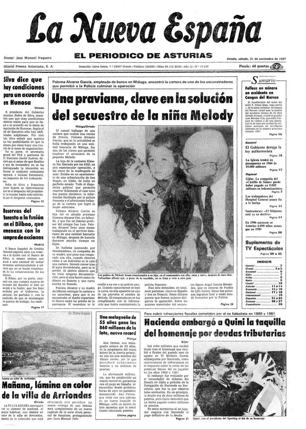 Portada del Sábado, 21 de Noviembre de 1987