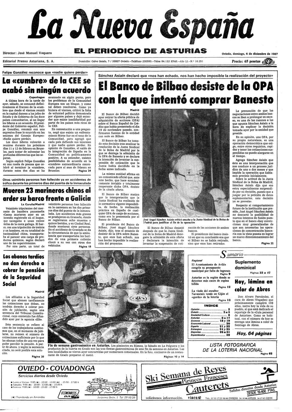 Portada del Domingo, 6 de Diciembre de 1987